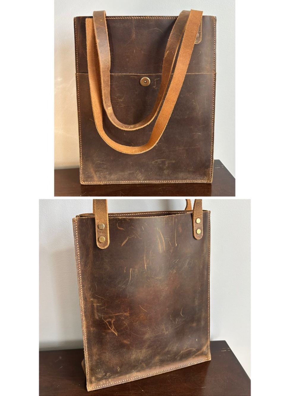 Brown Distressed Leather Slim Tote Bag Vintage Style Men’s Woman’s